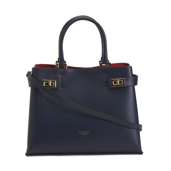 CHEVAL Blue Made In Italy Leather Satchel With Double Side Buckles Closure
